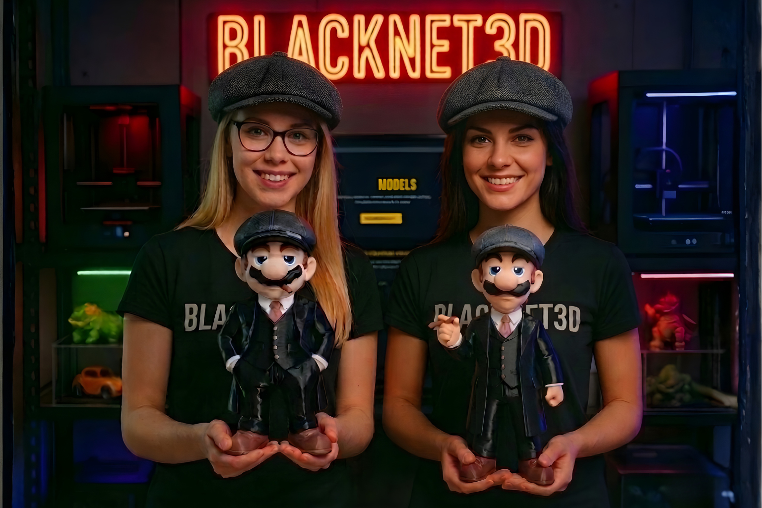 Modelos de BlackNet3D mostrando figuras impresas en 3D, con impresoras de fondo